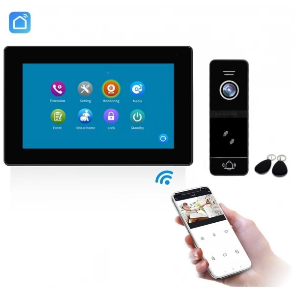 Telefonspynė IC juoda komplektas SLIM SmartHome Wi-Fi su liečiamu “7” juodu ekranu. (Magnetinės kortelės, programėlė)