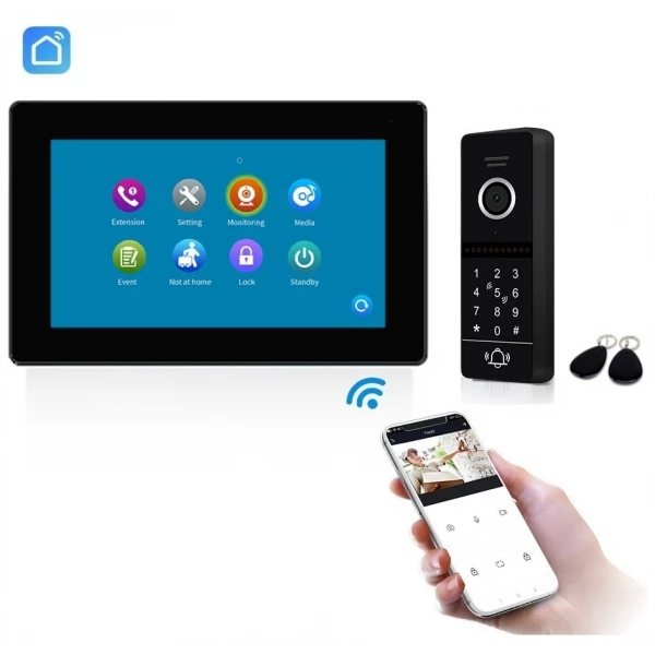 Telefonspynė juoda PIN IC komplektas SLIM SmartHome Wi-Fi su liečiamu “7” juodu ekranu (PIN kodai, magnetinės kortelės, programėlė)