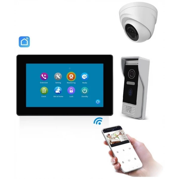 Telefonspynės komplektas SLIM SmartHome Wi-Fi su liečiamu “7” juodu ekranu ir 1MP kupolinė vaizdo kamera (programėlė)
