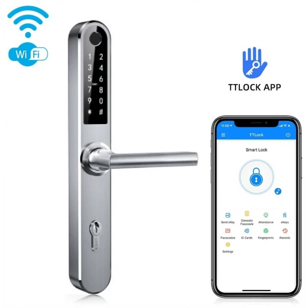 Išmanioji durų rankena iNOVO IP55 su cilindru 92mm(Sidabrinė) Bluetooth&Wi-Fi su nuotoliniu valdymu.